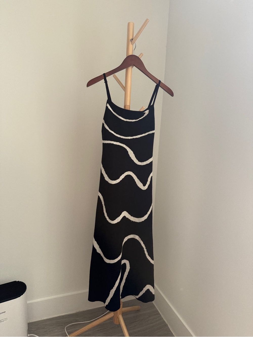 Active USA Black Maxi Slip Dress with White Wavy Stripes